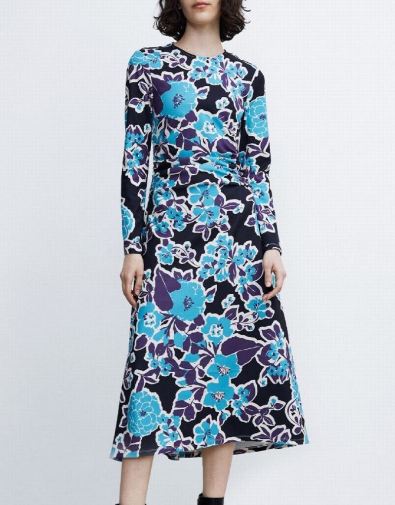 Blue Urban Revivo Floral Print Women's Knitted Dress | 01762CWNR