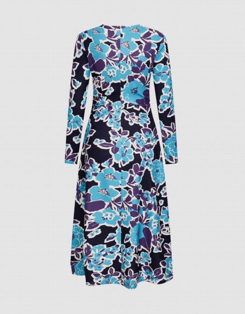 Blue Urban Revivo Floral Print Women's Knitted Dress | 01762CWNR