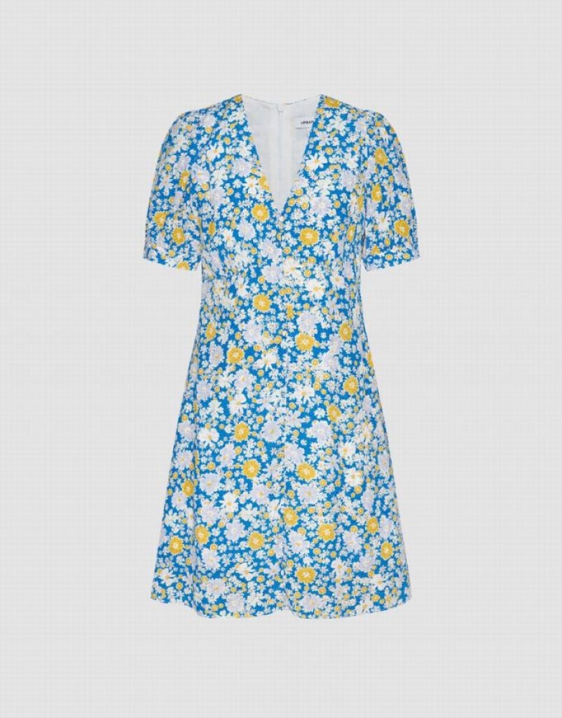 Blue Urban Revivo Floral Printed V-Neck A-Line Women's Dress | 05928HBQA