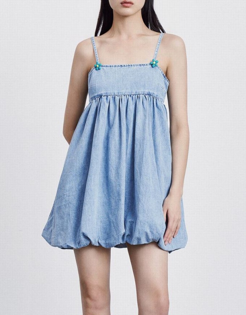 Blue Urban Revivo Flower Detail Strappy Women's Denim Dress | 56731JGRO