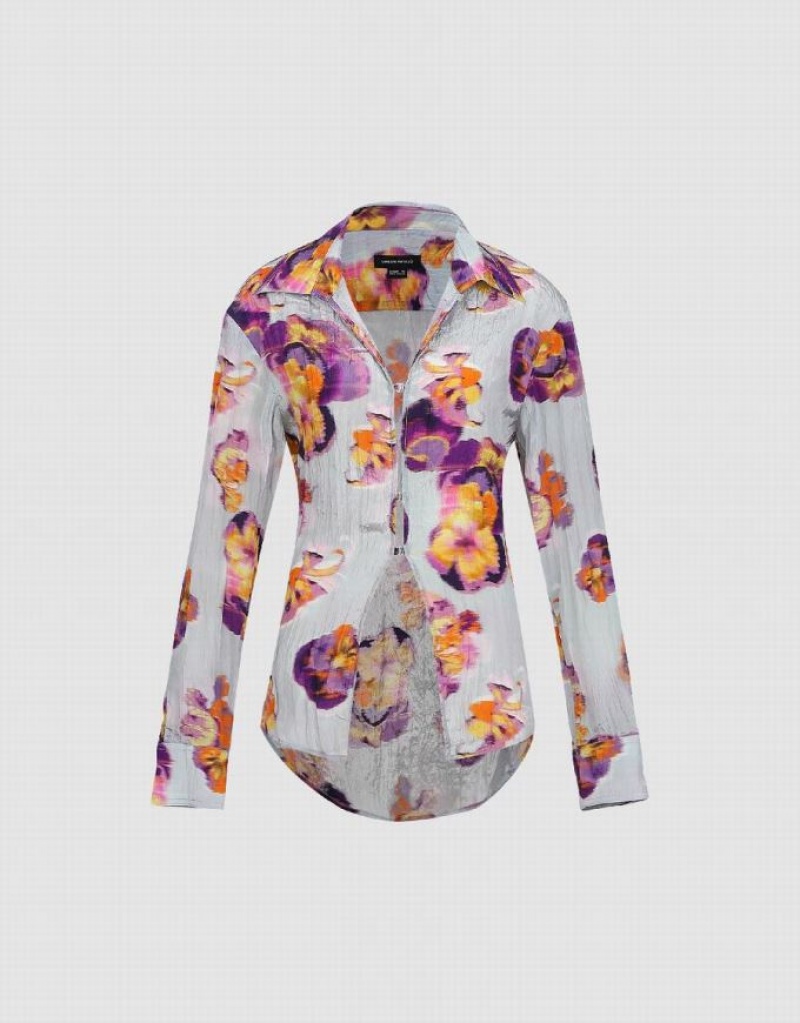 Blue Urban Revivo Flower Printed Women's Shirts | 39168OJRM