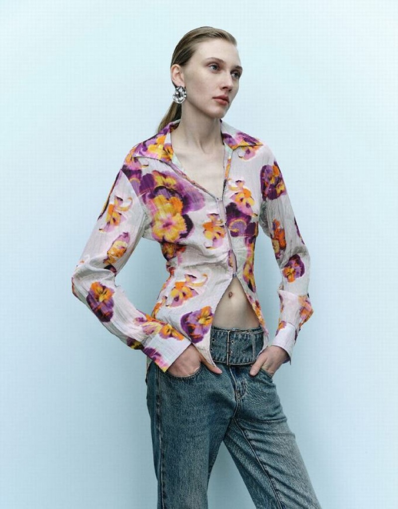 Blue Urban Revivo Flower Printed Women's Shirts | 39168OJRM