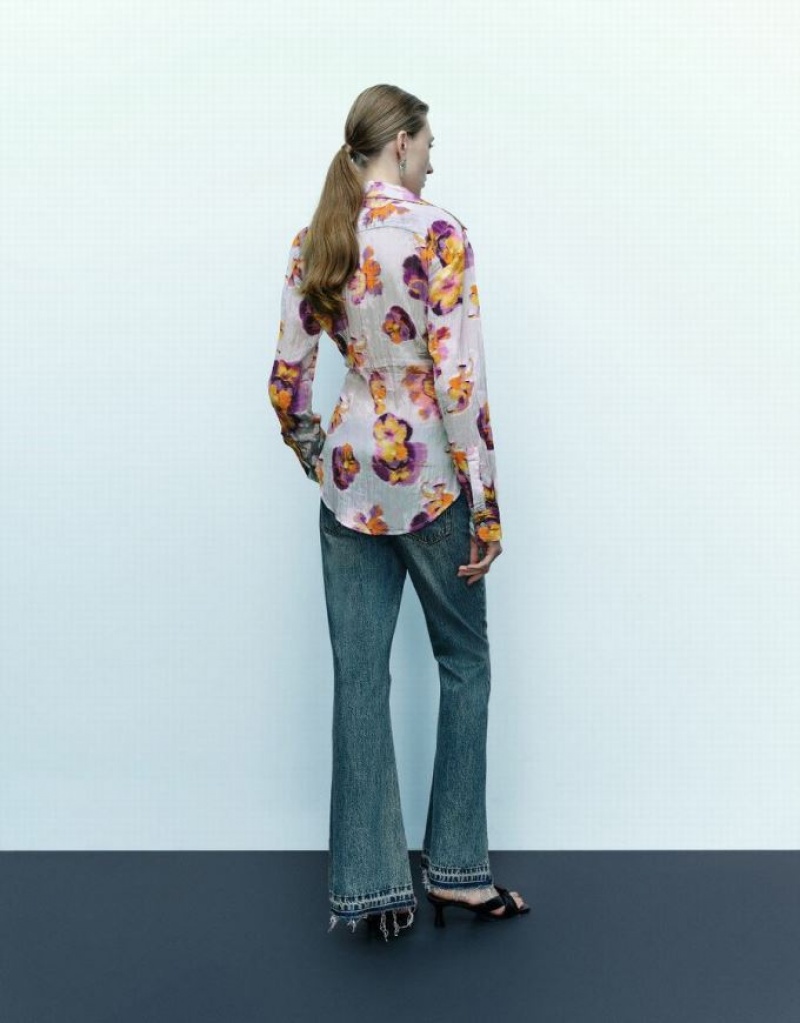 Blue Urban Revivo Flower Printed Women's Shirts | 39168OJRM