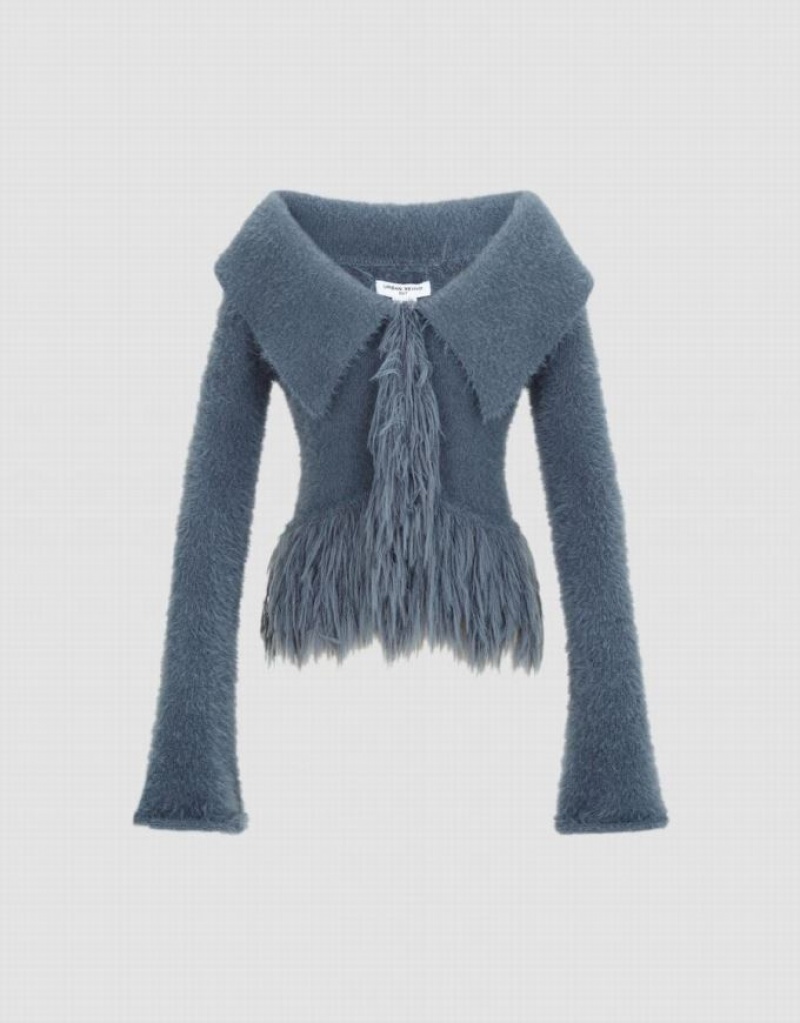 Blue Urban Revivo Furry Off-Shoulder Knitted Women's Cardigan | 10258RCNW