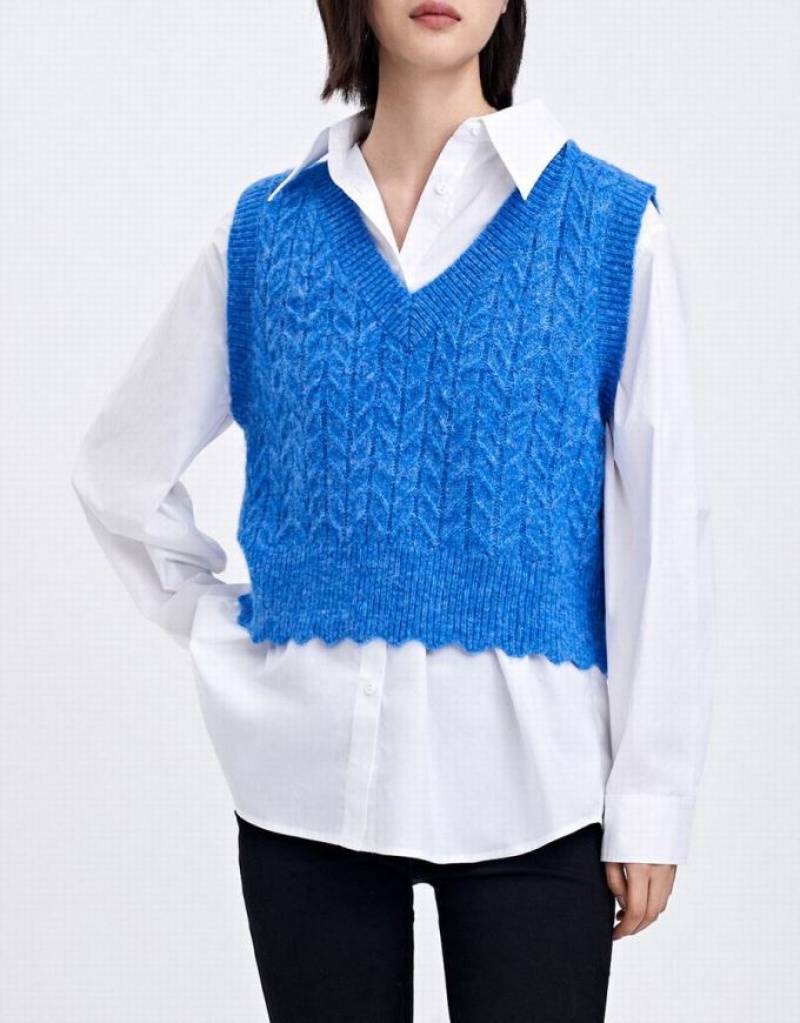 Blue Urban Revivo Fuzzy Cable Knit Women's Sweater Vest | 31905PMNO