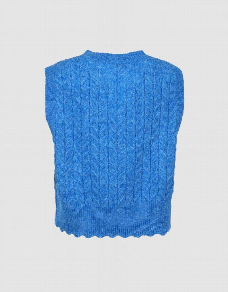 Blue Urban Revivo Fuzzy Cable Knit Women's Sweater Vest | 31905PMNO