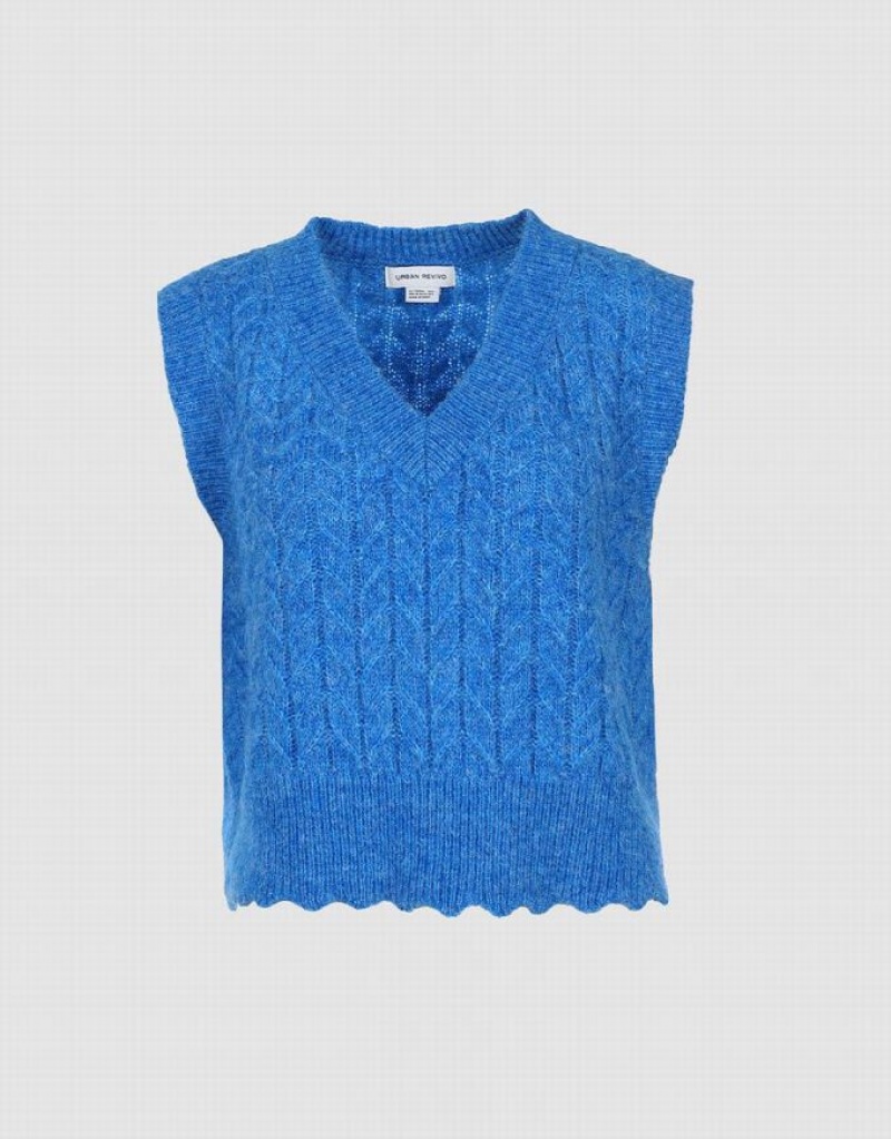 Blue Urban Revivo Fuzzy Cable Knit Women\'s Sweater Vest | 31905PMNO