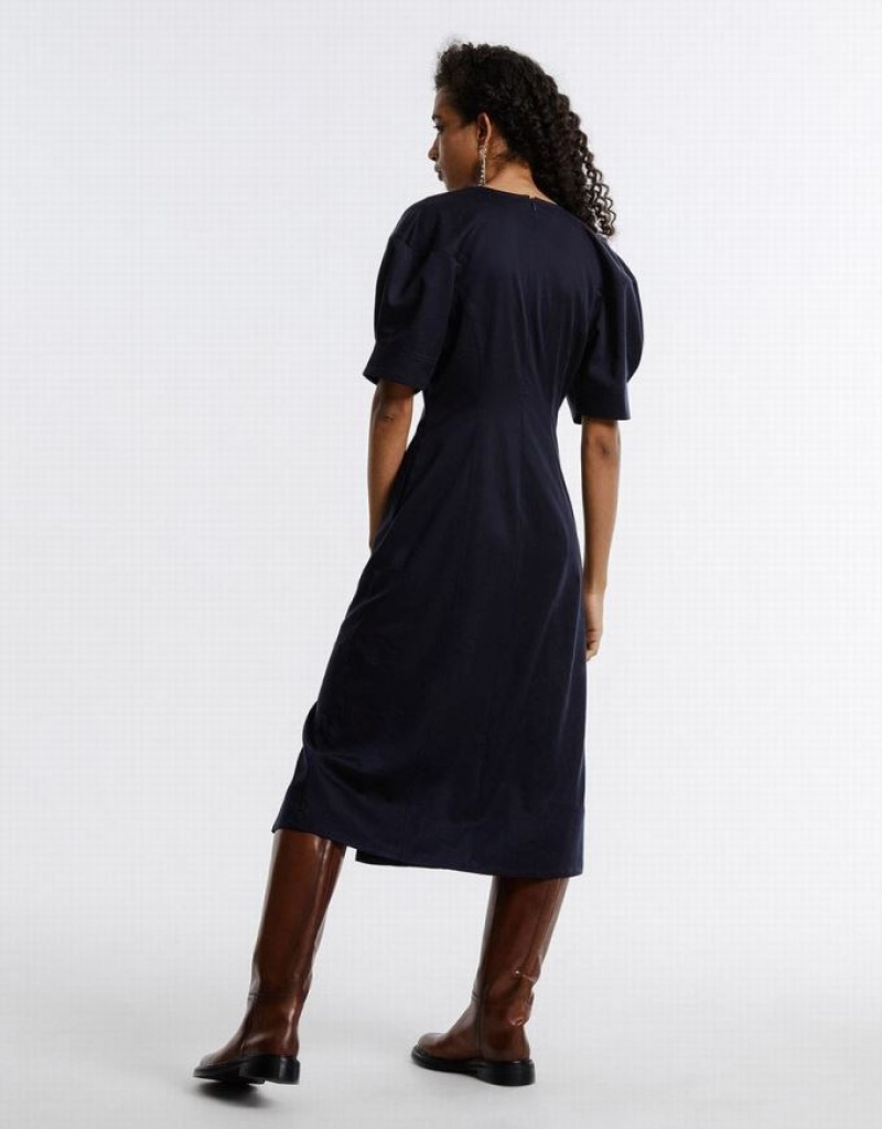 Blue Urban Revivo Gathered Waist Puff Sleeve Women's Casual Dress | 46293TBUH