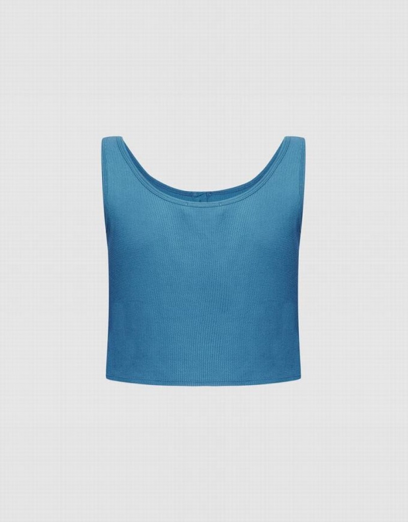 Blue Urban Revivo Half Button Ribbed Knit Women's Tank Top | 38146GNZC