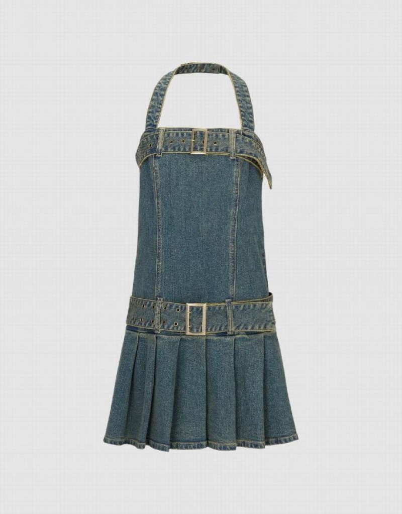 Blue Urban Revivo Halter Neck With Belt Women's Denim Dress | 05178NPUO