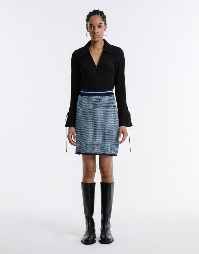 Blue Urban Revivo High Waist Knitted Women's Skirts | 49501BNRA