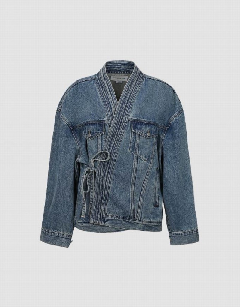 Blue Urban Revivo Kimono Lapel Men's Denim Jackets | 65283GIPD