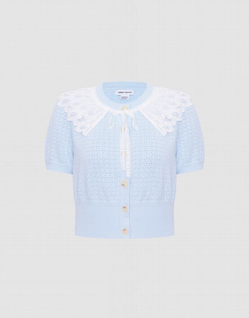 Blue Urban Revivo Lace Collar Pointelle Button Up Women\'s Cardigan | 12489IVRY