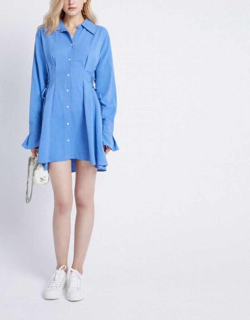 Blue Urban Revivo Lace Up Side Women's Shirt Dress | 35917MKLP