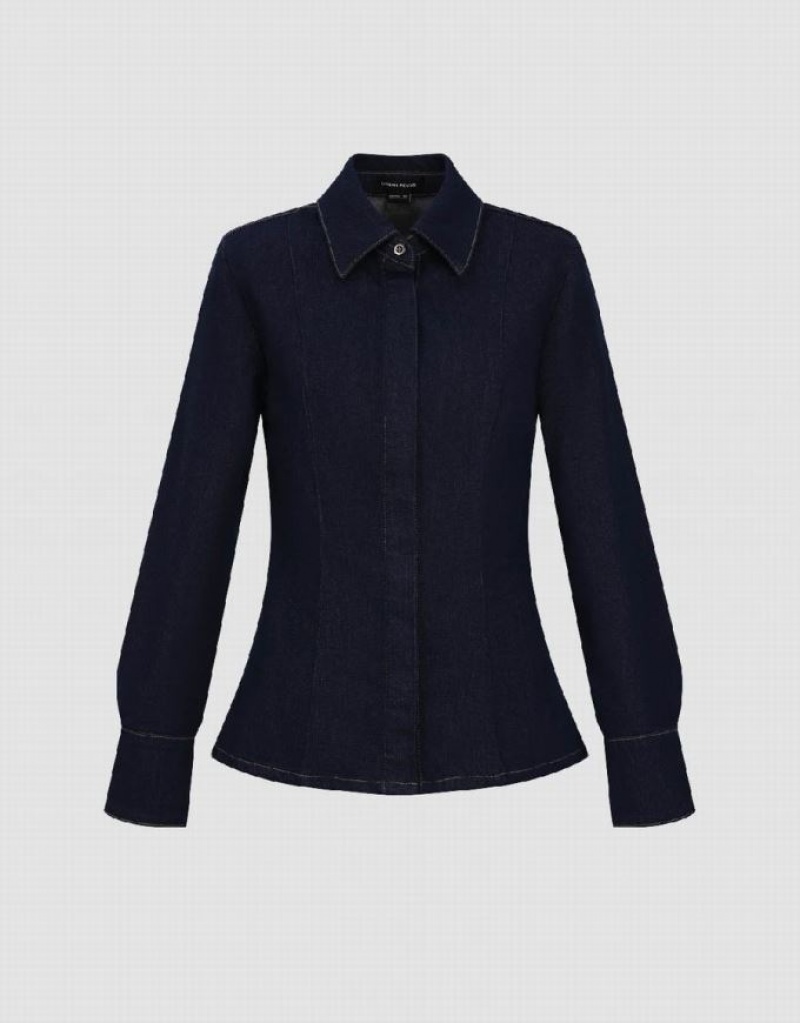 Blue Urban Revivo Lapel Denim Women's Shirts | 89624EDJS