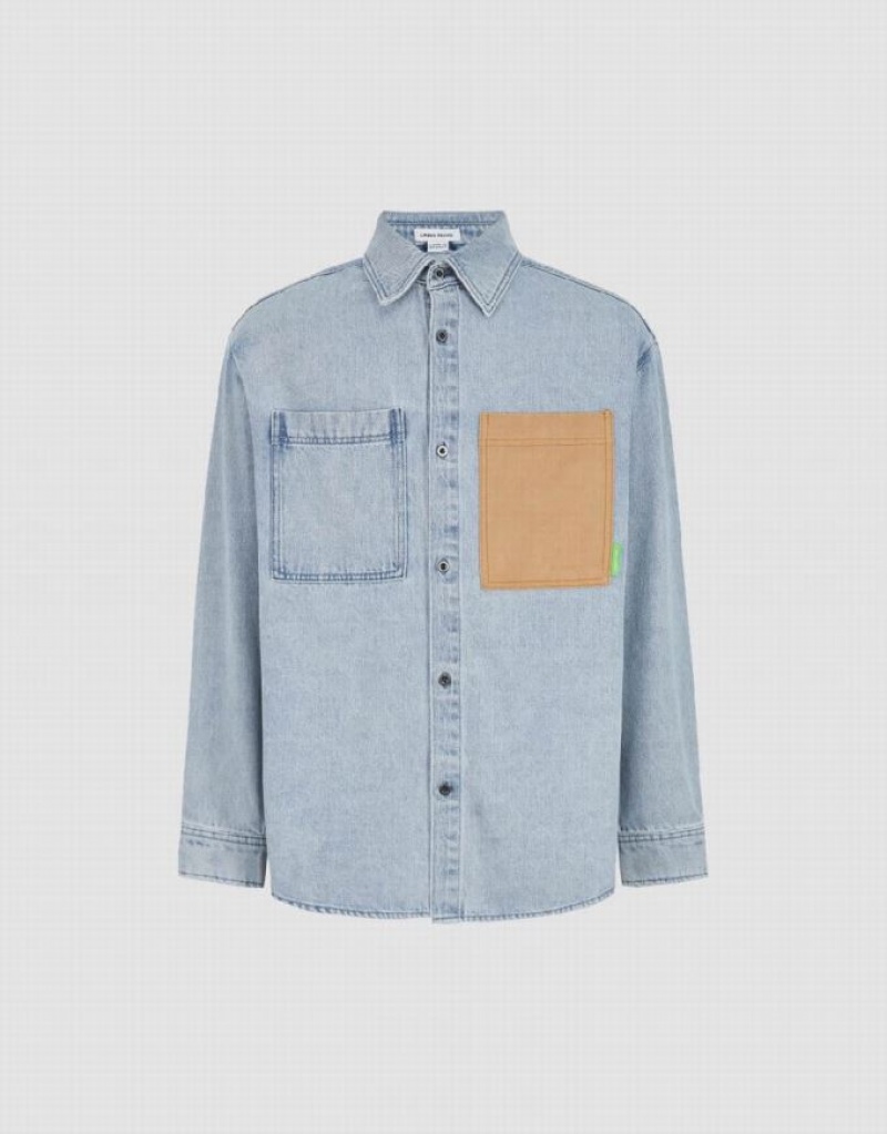 Blue Urban Revivo Loose Denim Men's Shirts | 82460GVZH