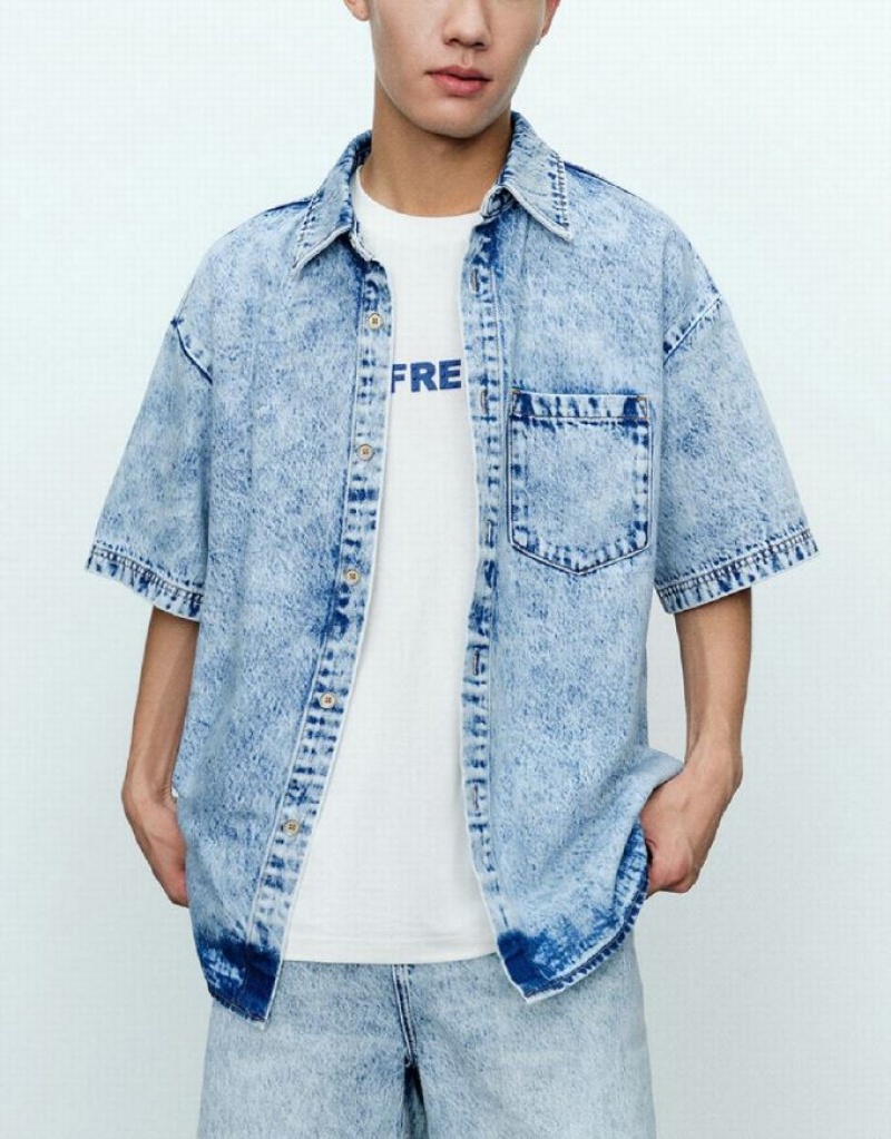 Blue Urban Revivo Loose Denim Men's Shirts | 12968PFYK