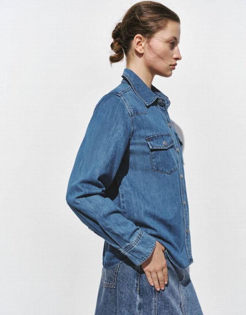 Blue Urban Revivo Loose Denim With Pressed Buttons Women's Shirts | 74198KCUX