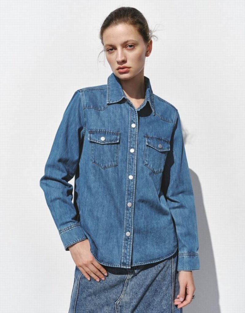 Blue Urban Revivo Loose Denim With Pressed Buttons Women\'s Shirts | 74198KCUX