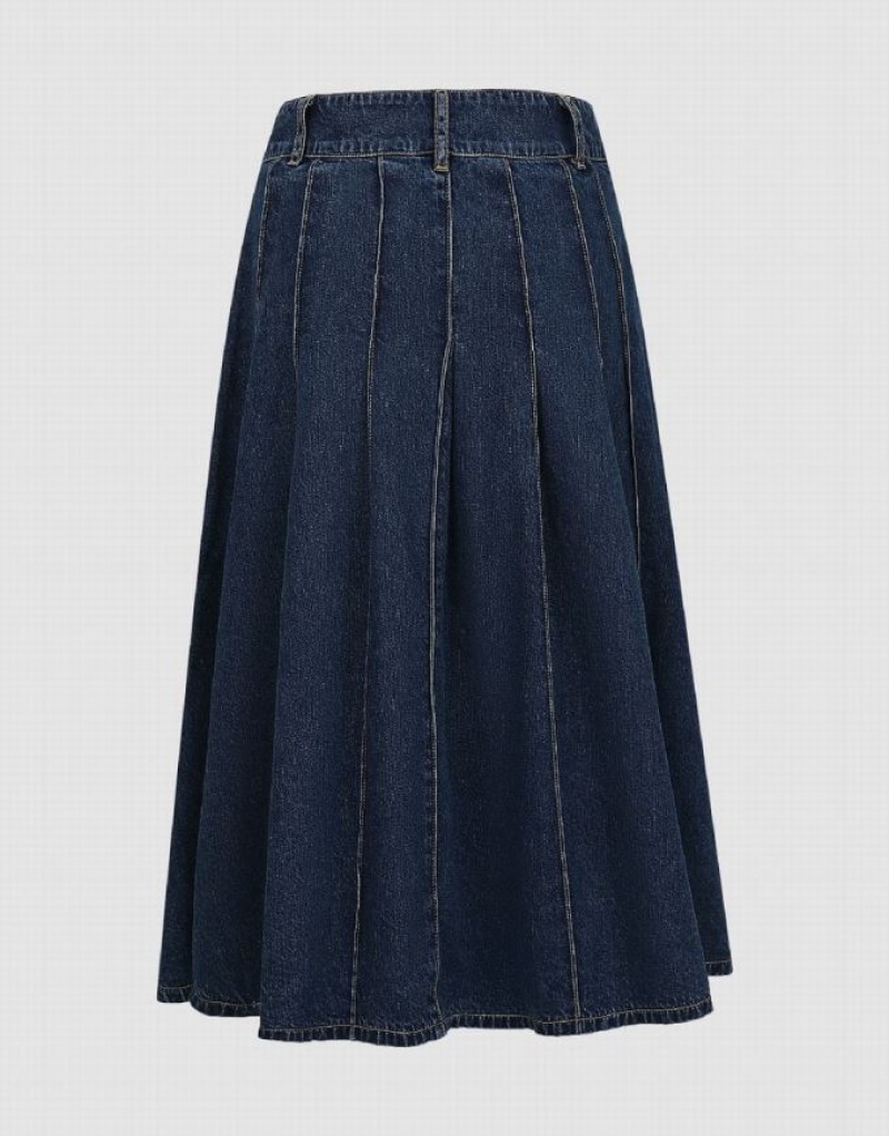 Blue Urban Revivo Midi A-Line With Belt Women's Denim Skirt | 46739VCRB