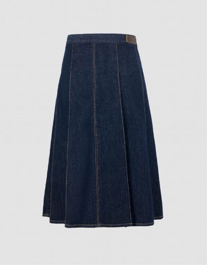 Blue Urban Revivo Midi A-Line Women's Denim Skirt | 69284ZQAN