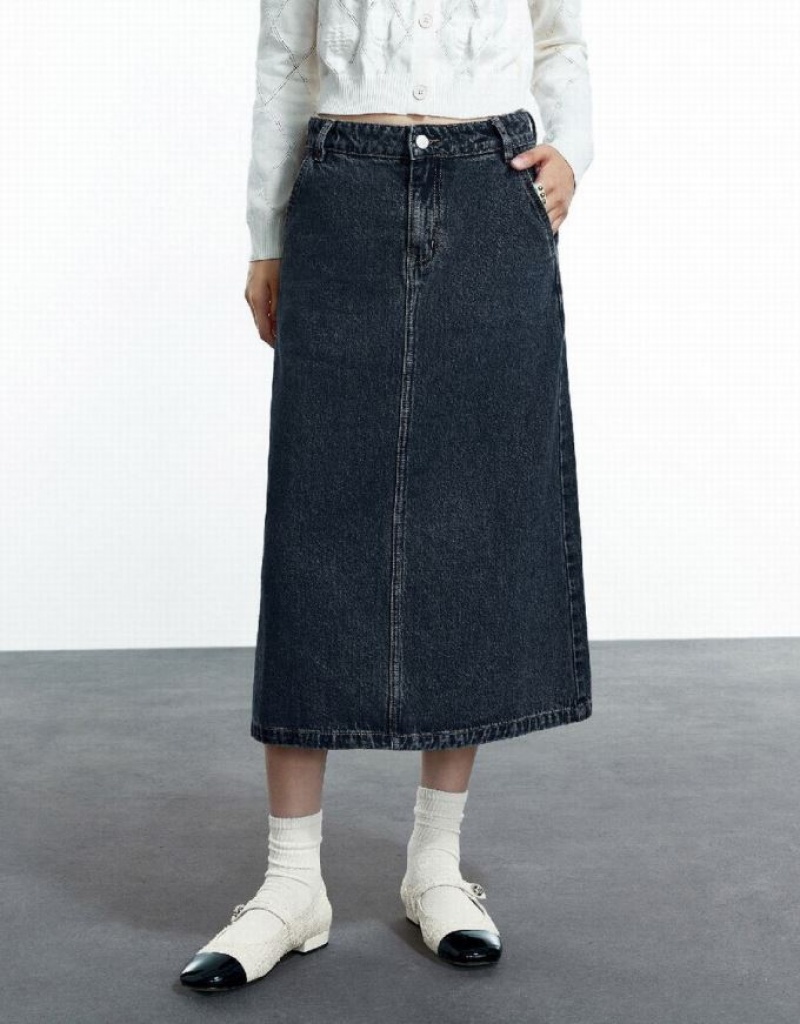 Blue Urban Revivo Midi A-Line Women's Denim Skirt | 51284NKRB