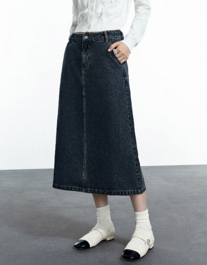 Blue Urban Revivo Midi A-Line Women's Denim Skirt | 51284NKRB