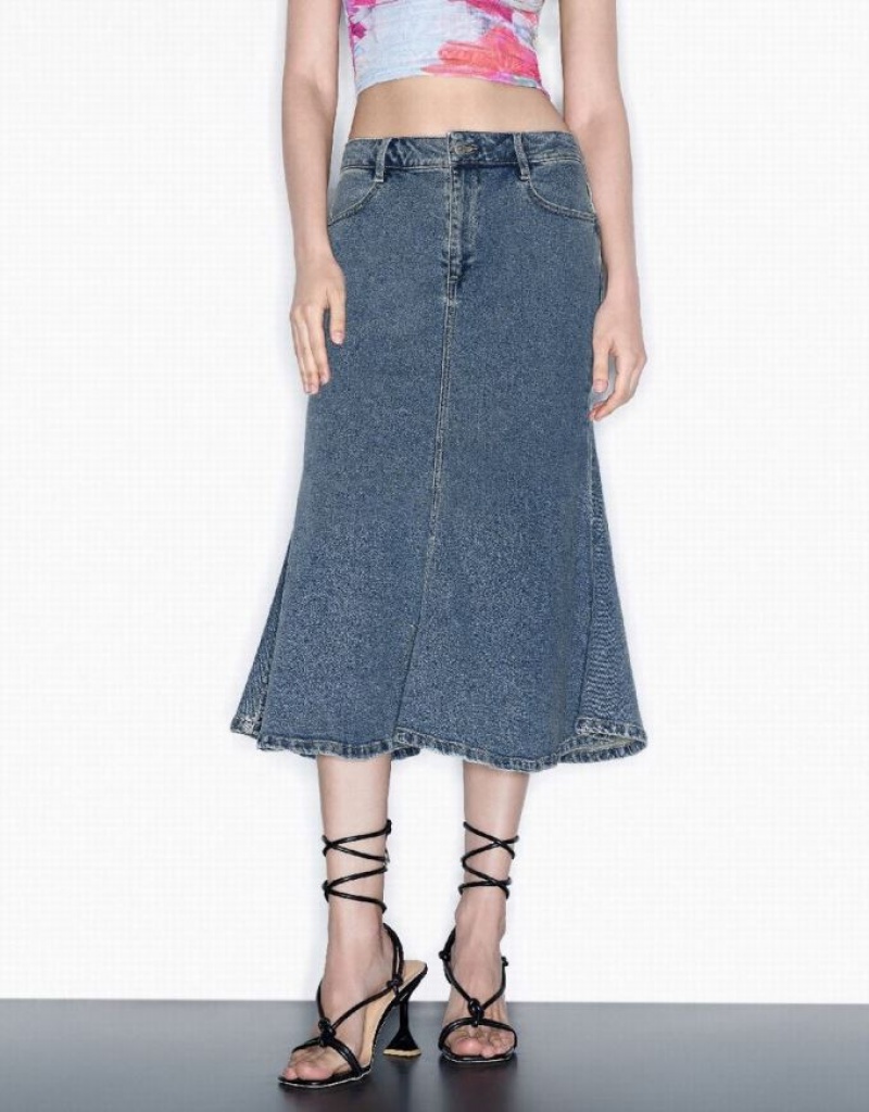 Blue Urban Revivo Midi Fishtail Women's Denim Skirt | 47698YWPV