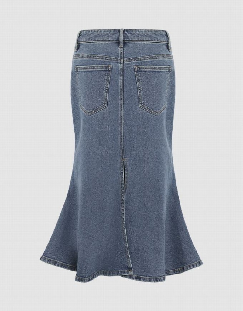 Blue Urban Revivo Midi Fishtail Women's Denim Skirt | 47698YWPV