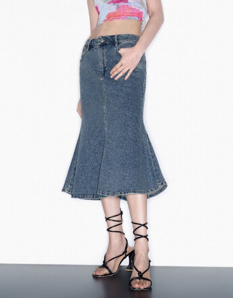 Blue Urban Revivo Midi Fishtail Women's Denim Skirt | 47698YWPV