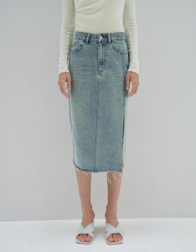 Blue Urban Revivo Midi Straight Women's Denim Skirt | 10485YQEL