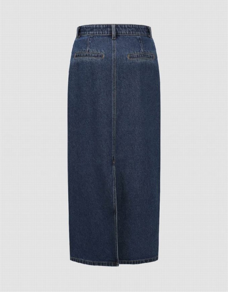 Blue Urban Revivo Midi Straight Women's Denim Skirt | 38165EOZW