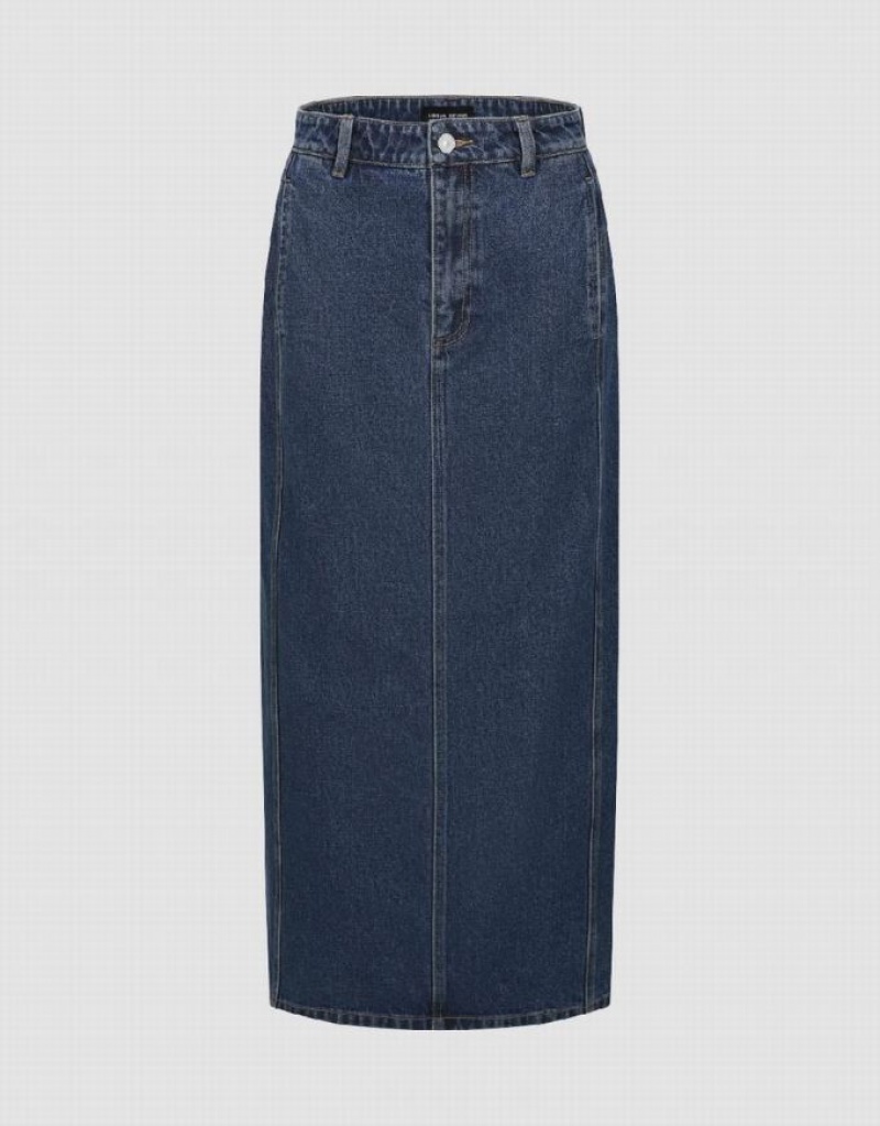 Blue Urban Revivo Midi Straight Women\'s Denim Skirt | 38165EOZW