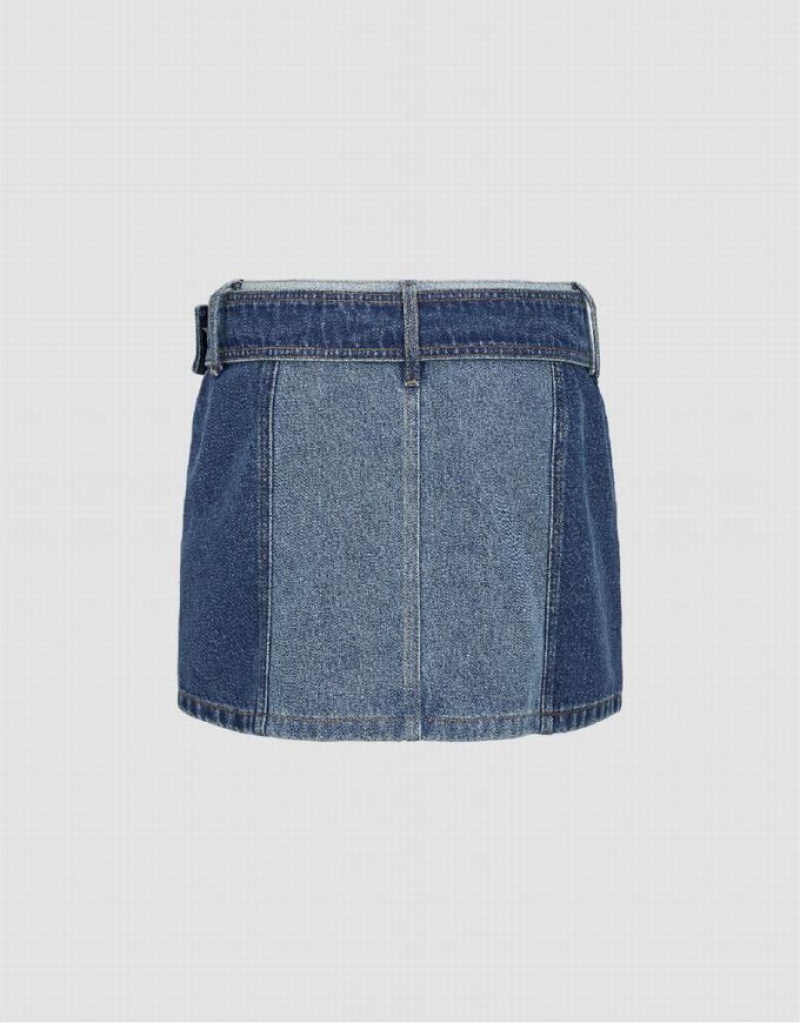 Blue Urban Revivo Mini A-Line With Belt Women's Denim Skirt | 60415HUYX