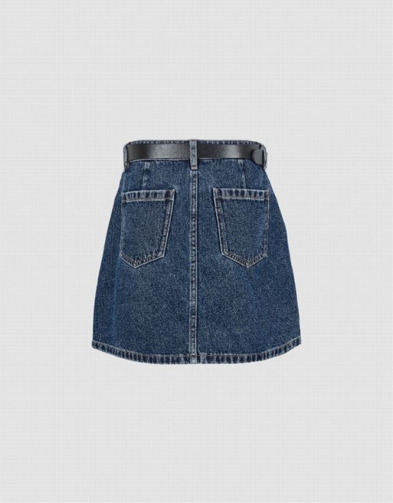 Blue Urban Revivo Mini A-Line With Belt Women's Denim Skirt | 72150DZLF