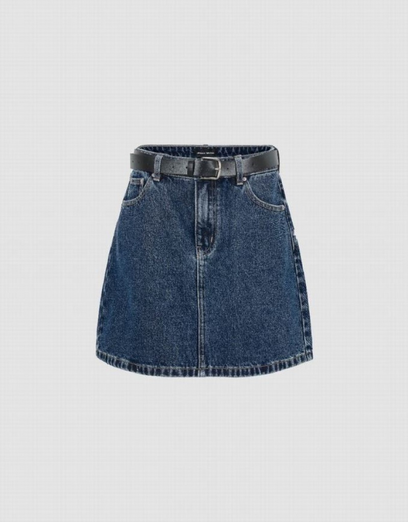 Blue Urban Revivo Mini A-Line With Belt Women\'s Denim Skirt | 72150DZLF