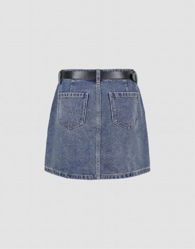 Blue Urban Revivo Mini A-Line With Belt Women's Denim Skirt | 56240BISY