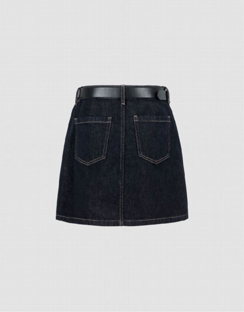 Blue Urban Revivo Mini A-Line With Belt Women's Denim Skirt | 01524NFWR