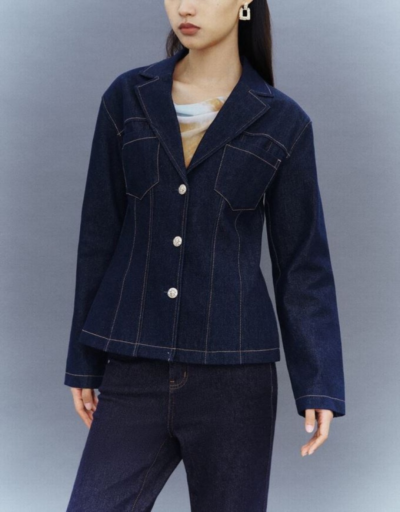 Blue Urban Revivo Notch Lapel Denim Women's Shirts | 17506FXRK