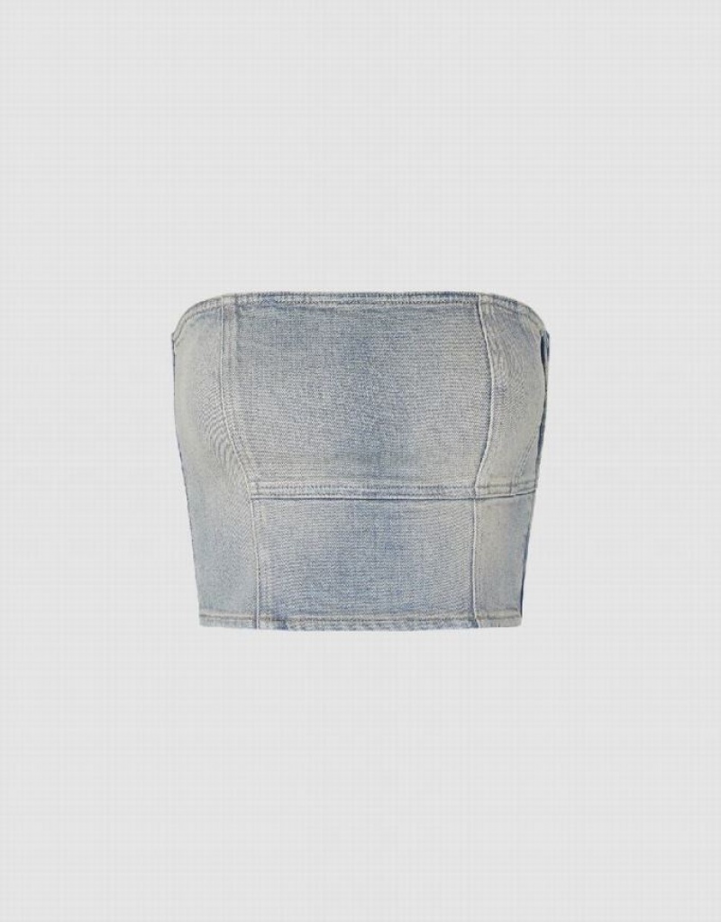 Blue Urban Revivo Off-Shoulder Denim Tube Top Women's Shirts | 19547EMWJ