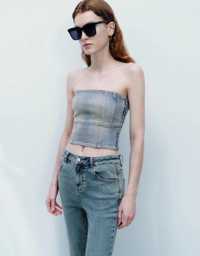 Blue Urban Revivo Off-Shoulder Denim Tube Top Women's Shirts | 19547EMWJ