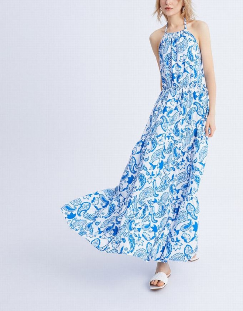 Blue Urban Revivo Paisley Print Halter Maxi Women's Maxi Dress | 94582EHRJ