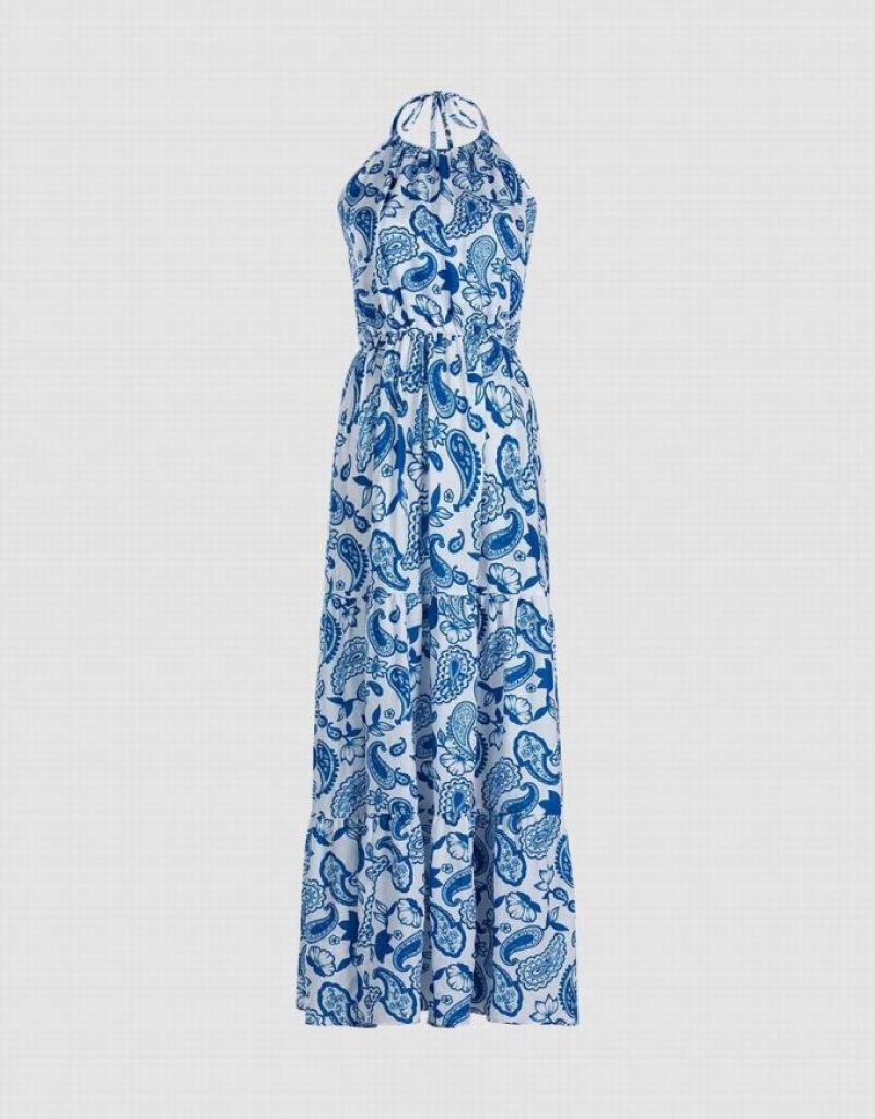 Blue Urban Revivo Paisley Print Halter Maxi Women\'s Maxi Dress | 94582EHRJ