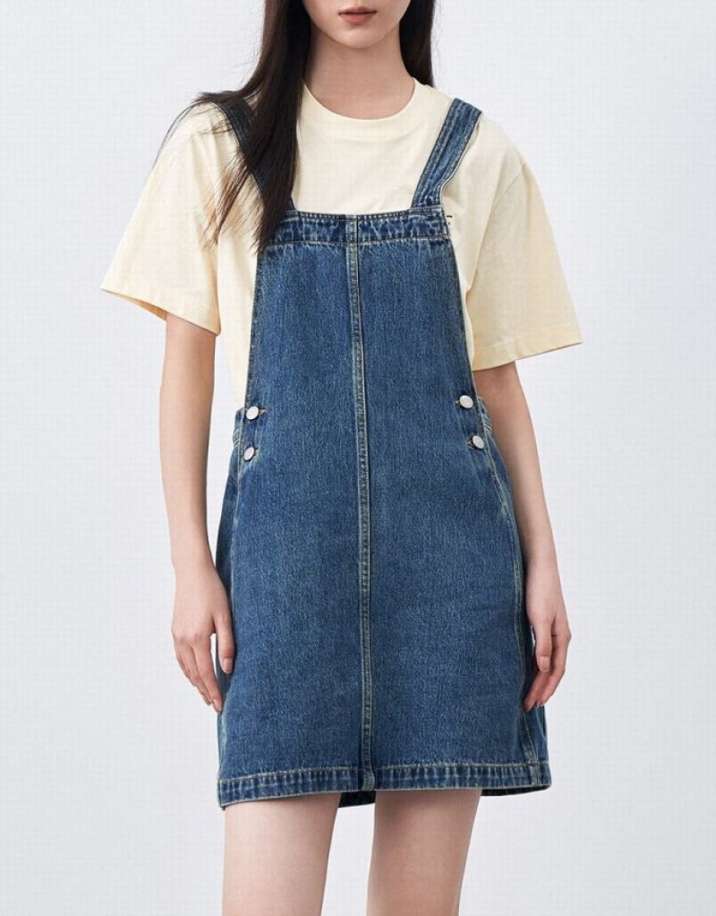 Blue Urban Revivo Pinafore Women's Denim Dress | 43061QATK