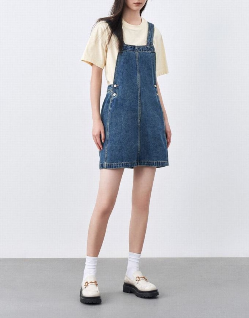 Blue Urban Revivo Pinafore Women's Denim Dress | 43061QATK