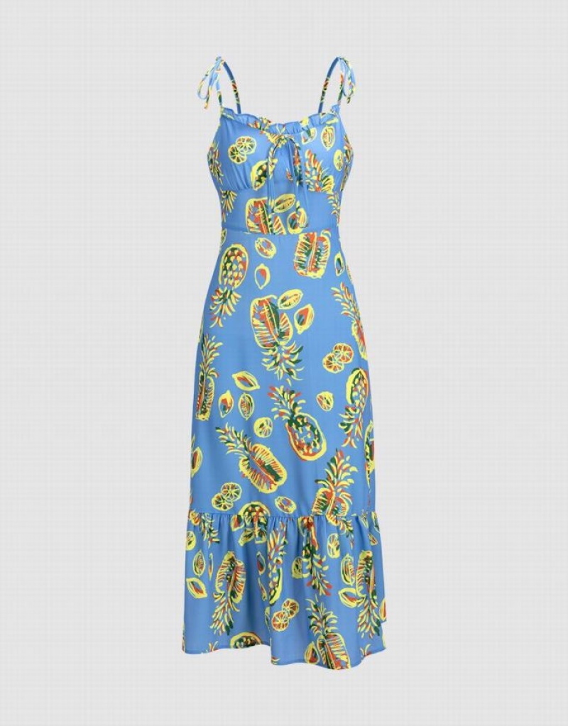 Blue Urban Revivo Pineapple Print Tie Strap Ruffle Hem Cami Women\'s Dress | 41720BVTQ