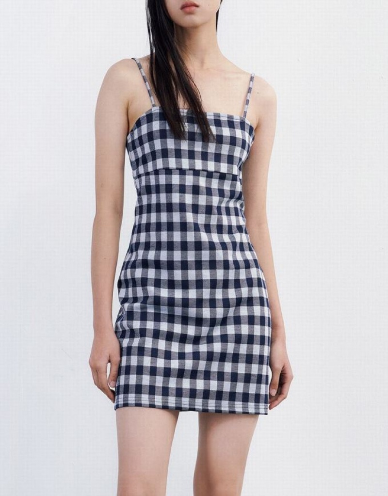 Blue Urban Revivo Plaid Cami Women's Knitted Dress | 97526LZIF