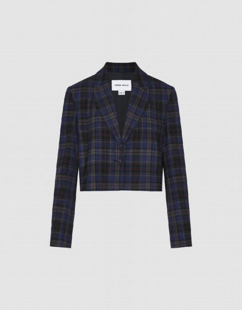 Blue Urban Revivo Plaid Cropped Women's Blazers | 84137MCKW