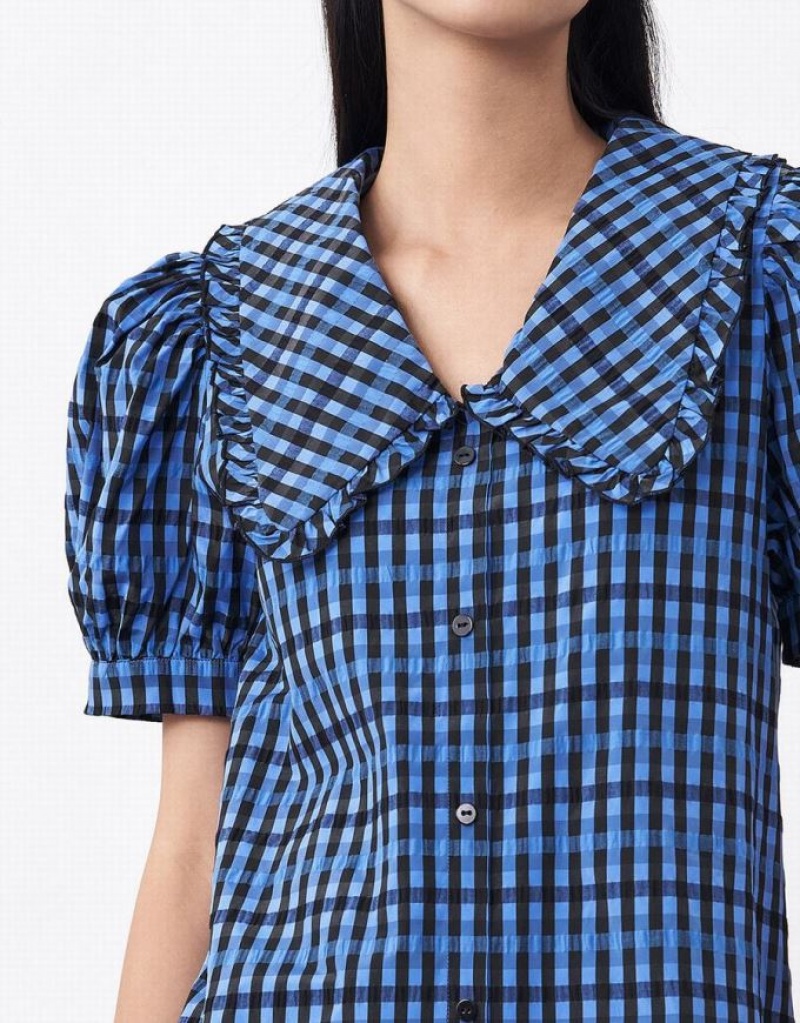 Blue Urban Revivo Plaid Puff Sleeve Ruffle Hem Women's Casual Dress | 39067ZINH