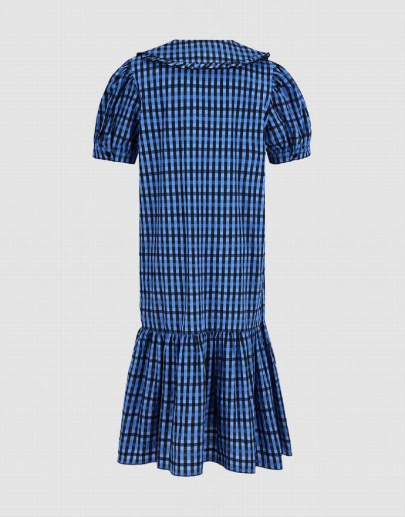 Blue Urban Revivo Plaid Puff Sleeve Ruffle Hem Women's Casual Dress | 39067ZINH